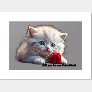 White kitty Valentine with red rose. AI generated image Posters and Art